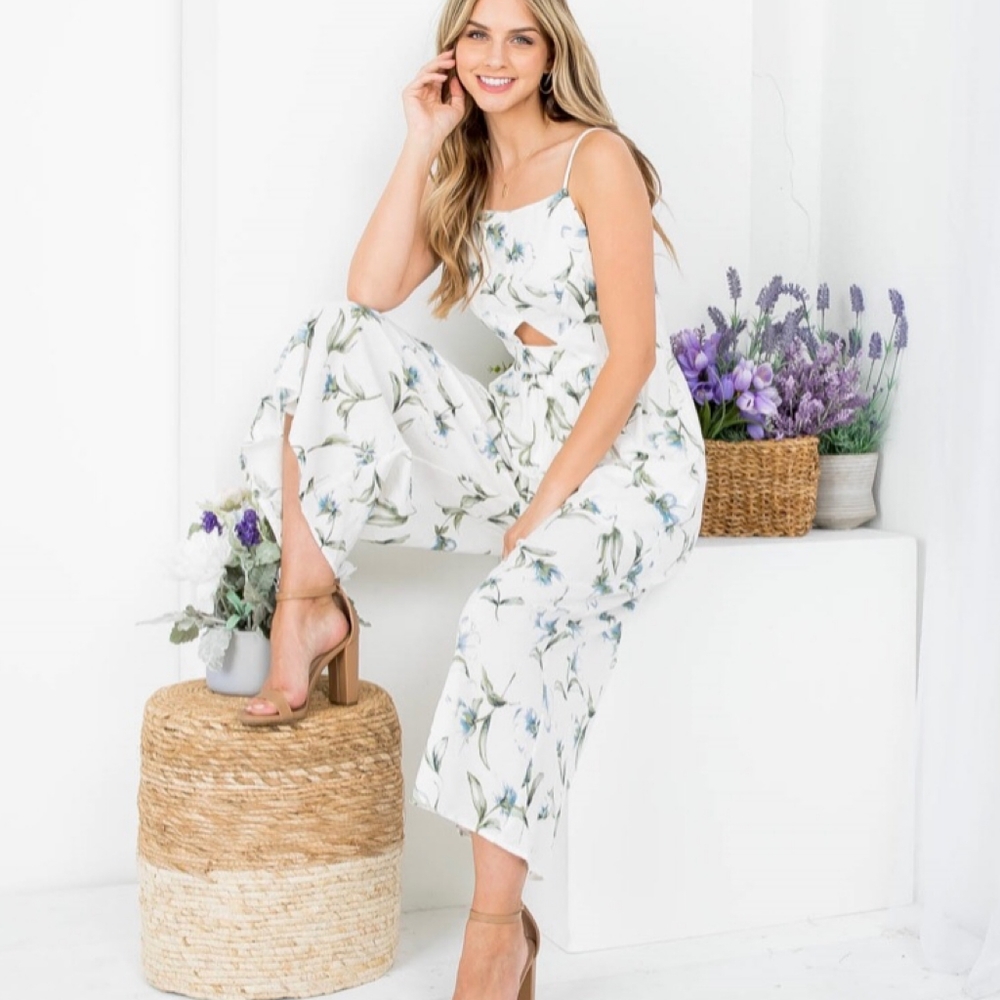 DOE & RAE White Floral Peek-A-Boo Cut Out Wide Leg Jumpsuit - Picture 8 of 9